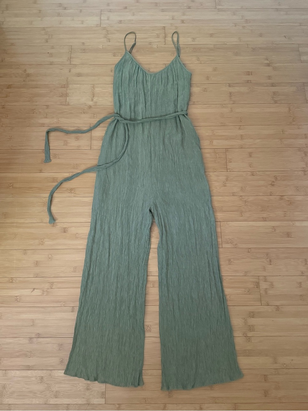 Sleeveless Crinkle Wide-Leg Jumpsuit with Waist Tie in Sage